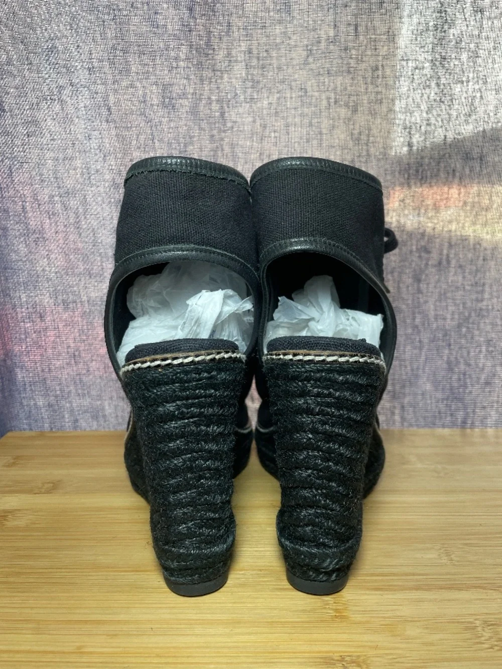 Tory Burch Peep Toe Lace Up Espadrille Wedge Sandals 7B Black Canvas Shoes 4